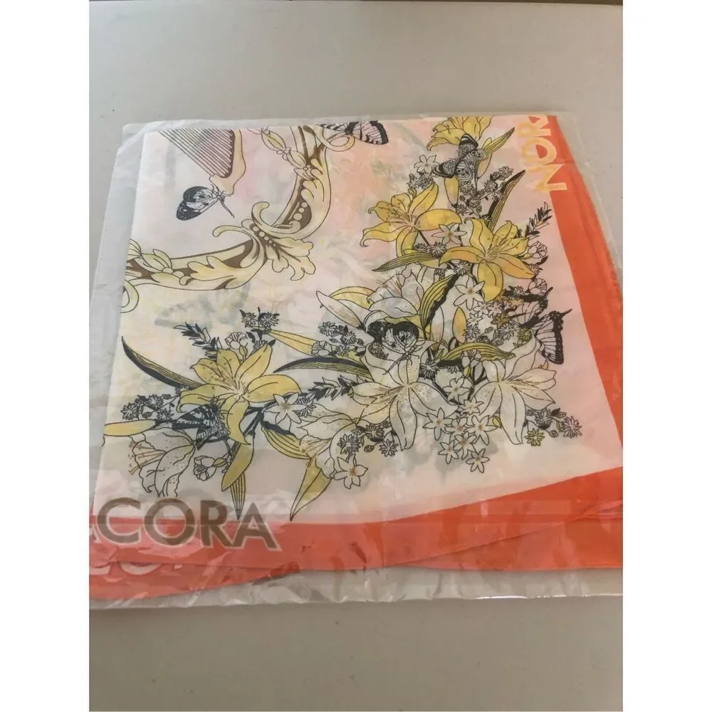 NORA Orange Floral Butterfly Square Scarf Lightweight Wrap